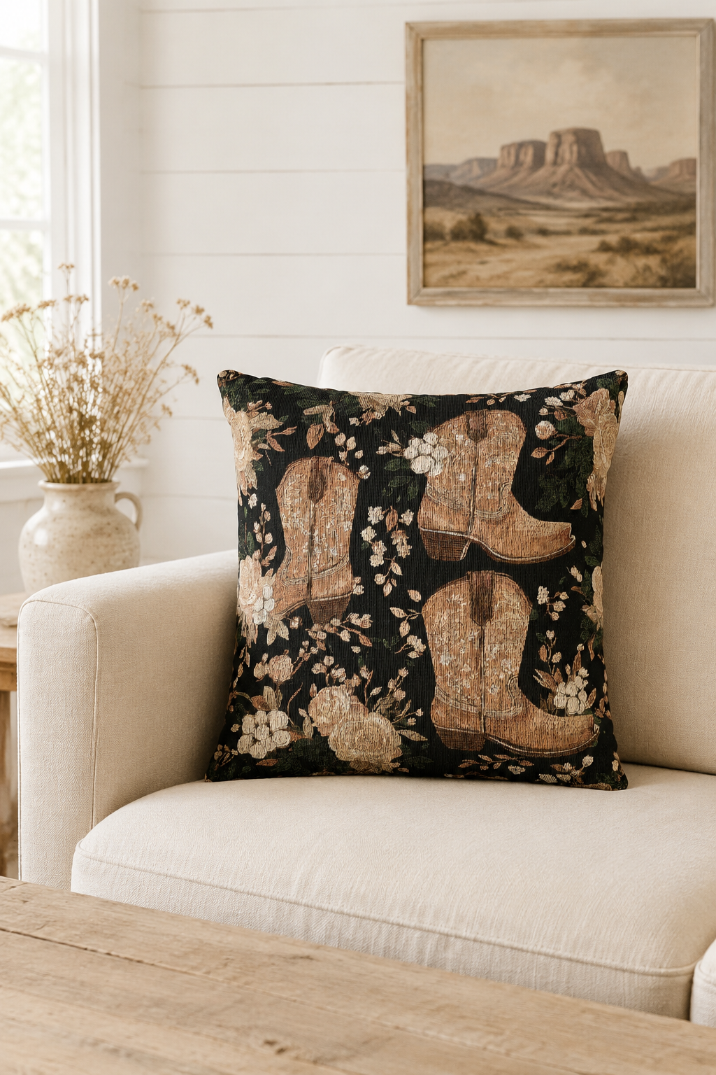 Western cowboy boots pillow on a cream sofa beneath a desert landscape print