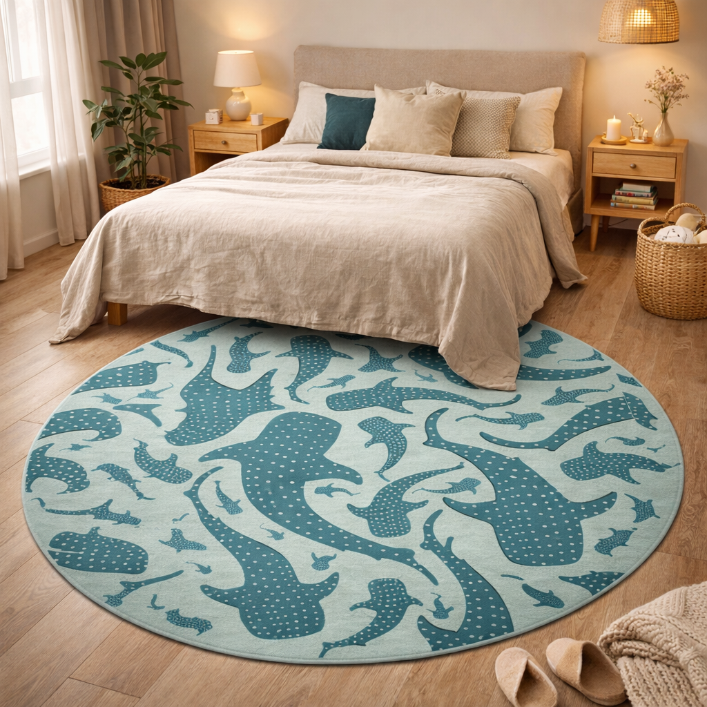 Whale Shark round rug beside a bed in a neutral bedroom