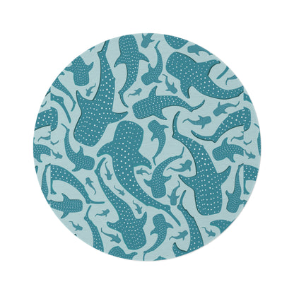 Whale Shark round rug in teal and pale blue with spotted whale sharks, shown flat