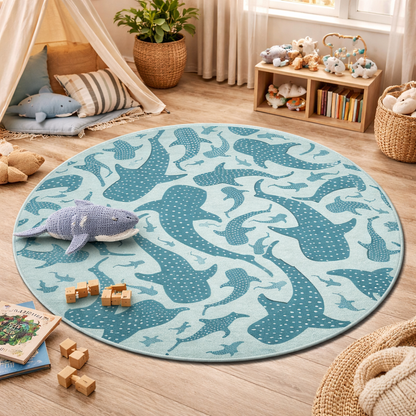 Whale Shark round rug in a childrens room with a play tent and toys
