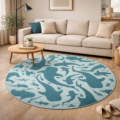 Whale Shark round rug in a living room with a cream sofa and round coffee table