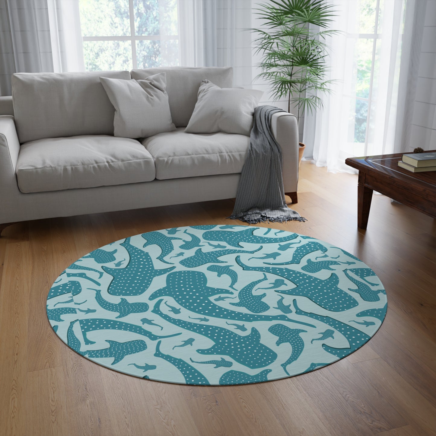 Whale Shark round rug on a wooden floor in a bright living room
