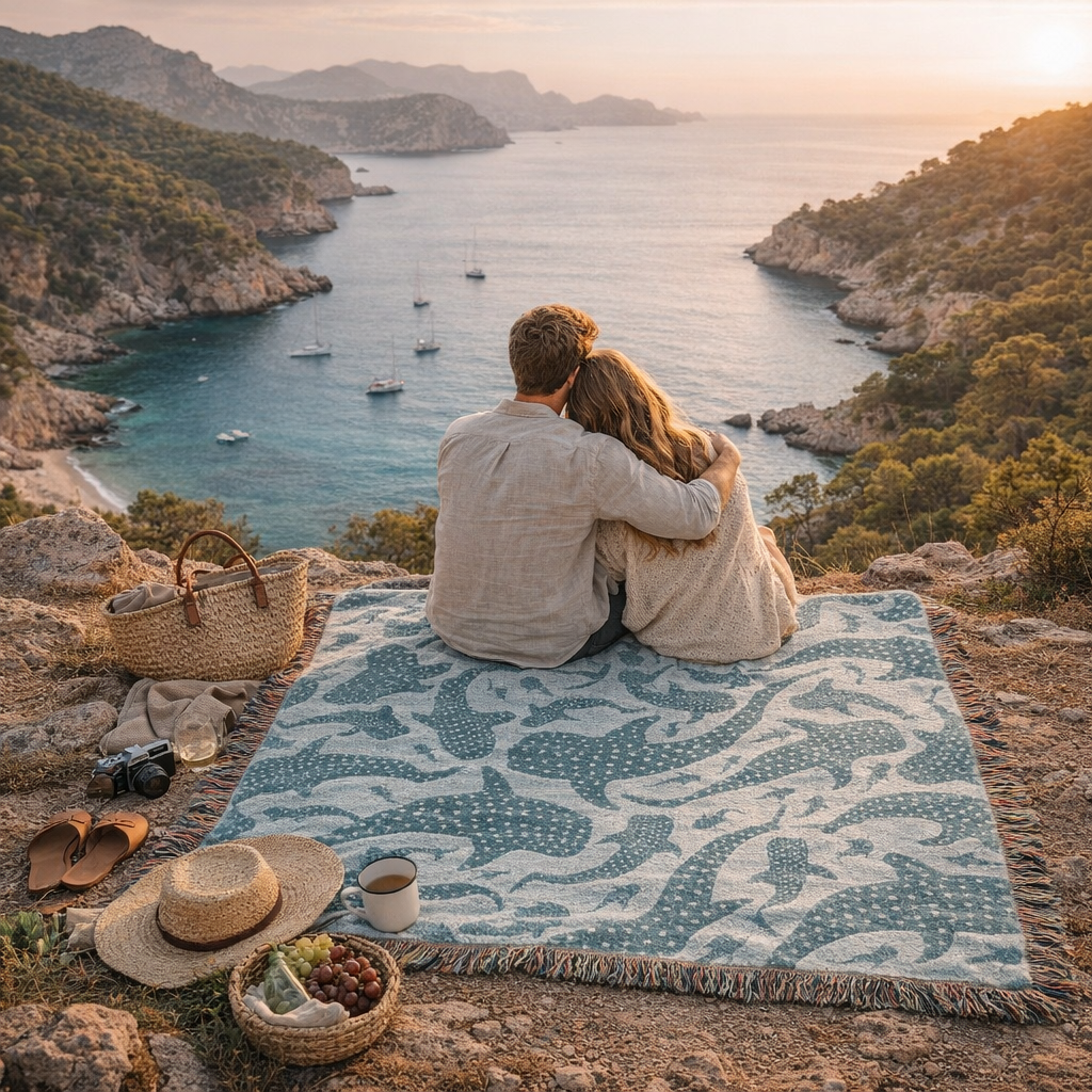 Couple sitting on the Whale Shark woven blanket on a clifftop overlooking a bay at sunset