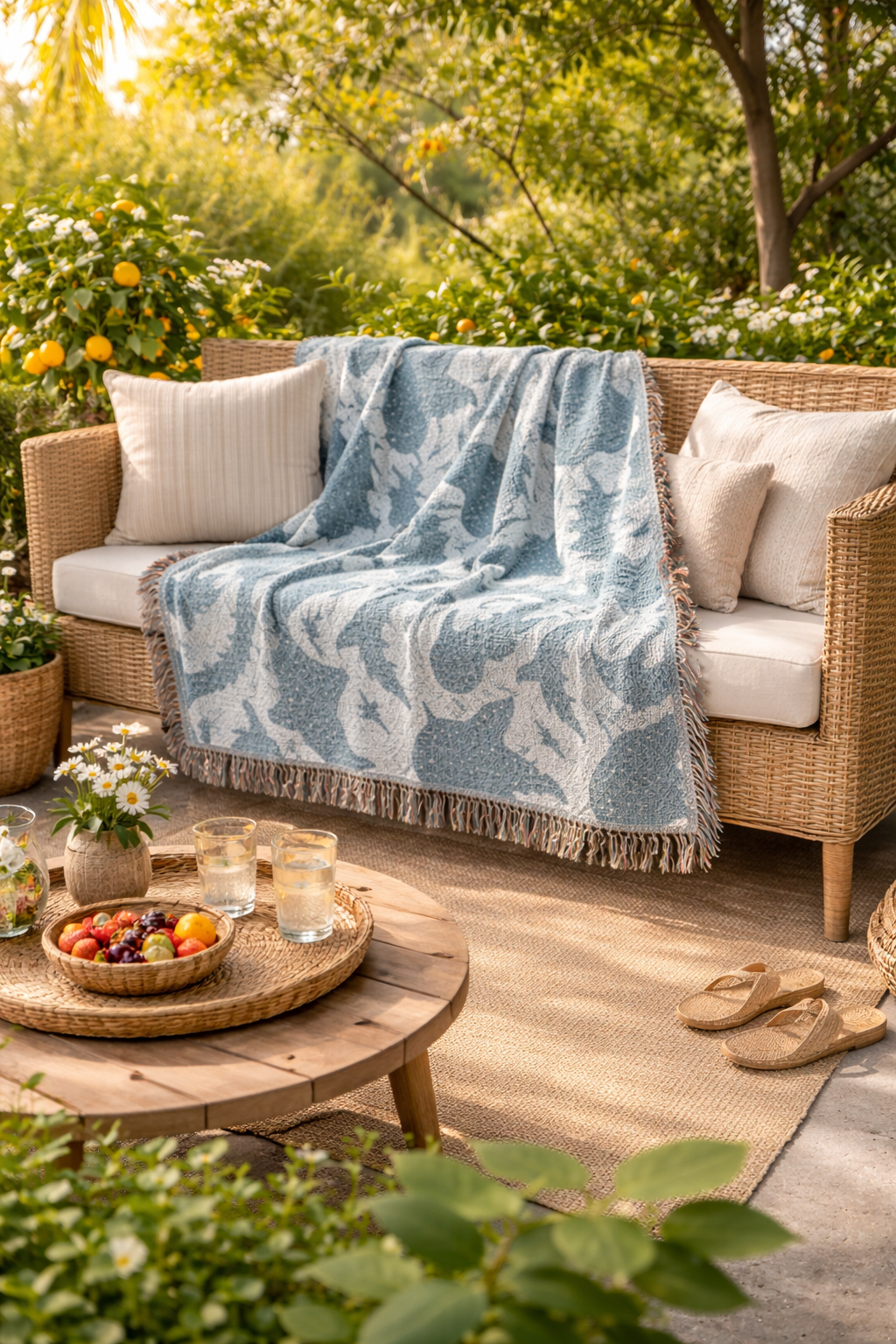 Whale Shark woven blanket draped over a garden bench with fruit on a table