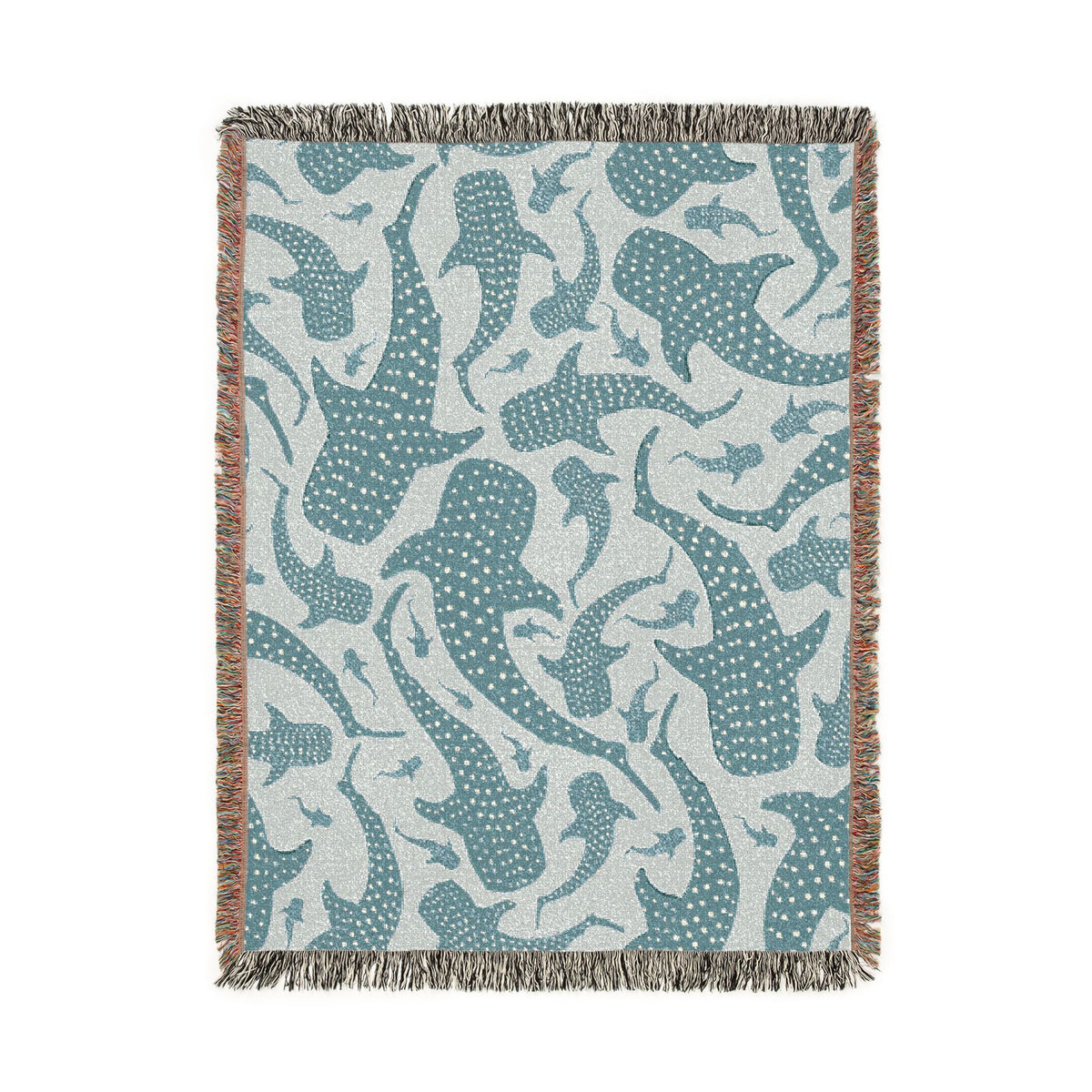 Whale Shark woven blanket in teal and cream with spotted whale sharks, shown flat