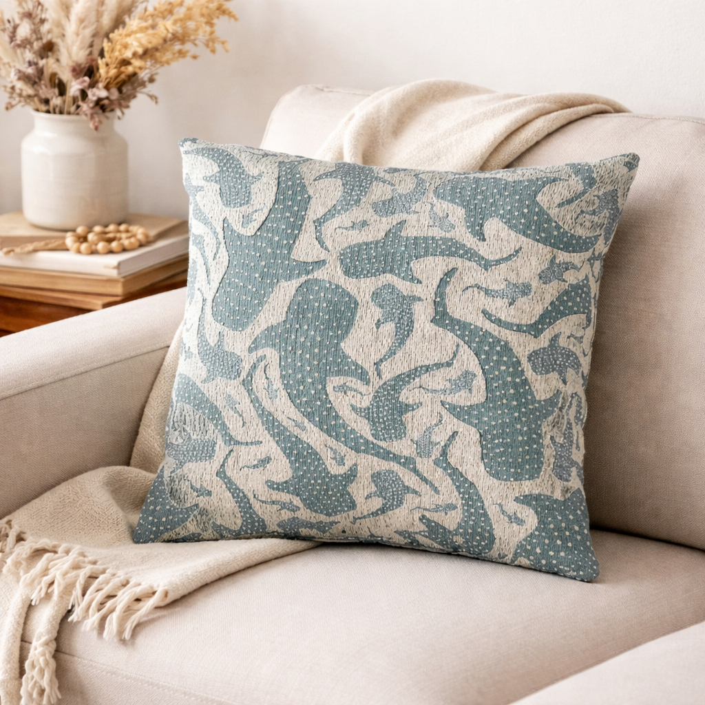 Whale Shark woven pillow on a cream armchair with a throw and dried stems