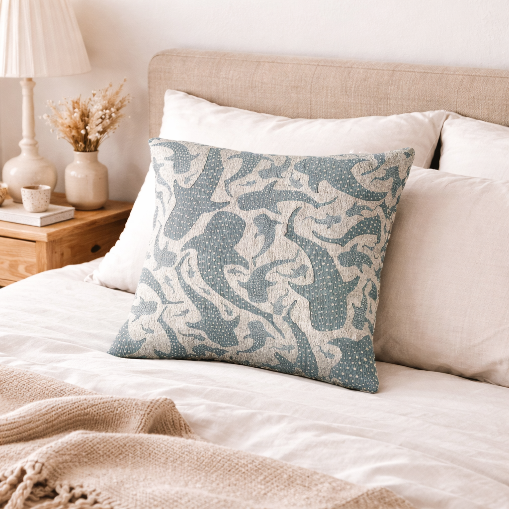 Whale Shark woven pillow on a bed with cream linen bedding