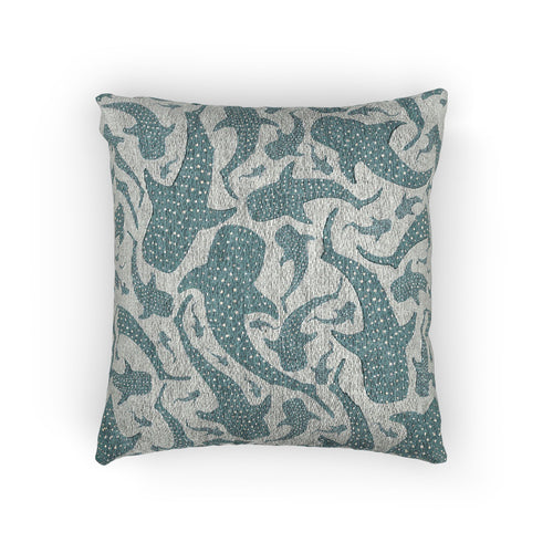 Whale Shark woven pillow in teal and cream with spotted whale sharks, front view