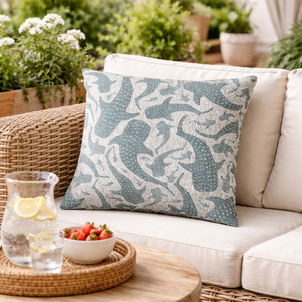 Whale Shark woven pillow on a cream sofa with a drink and fruit on a rattan tray