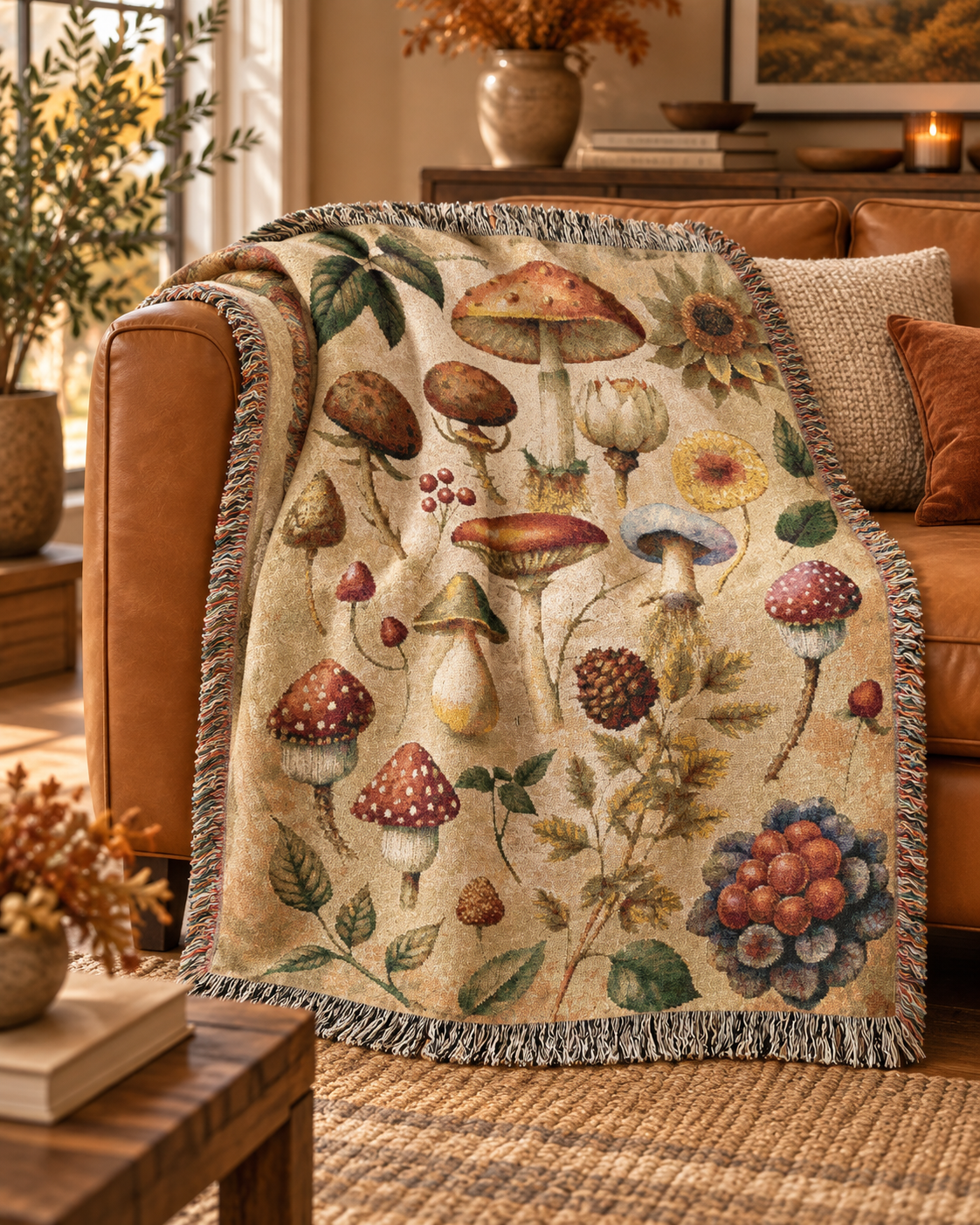 Wild Mushroom woven blanket detail showing the mushroom and botanical illustration