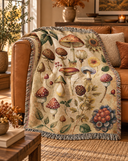 Wild Mushroom woven blanket detail showing the mushroom and botanical illustration