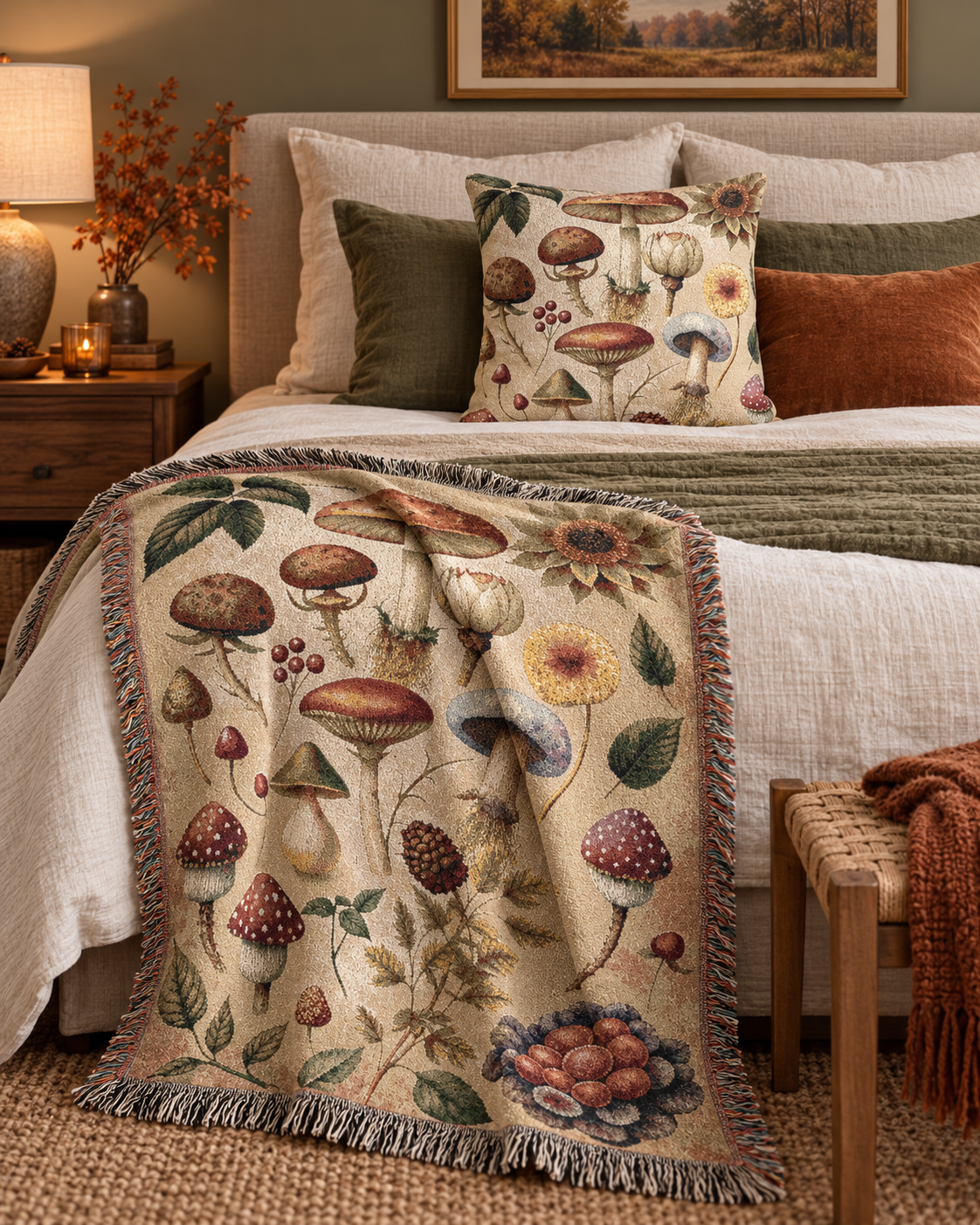 Wild Mushroom woven blanket styled on a sofa with autumn decor