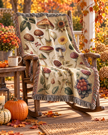 Wild Mushroom woven blanket draped over the corner of a bed