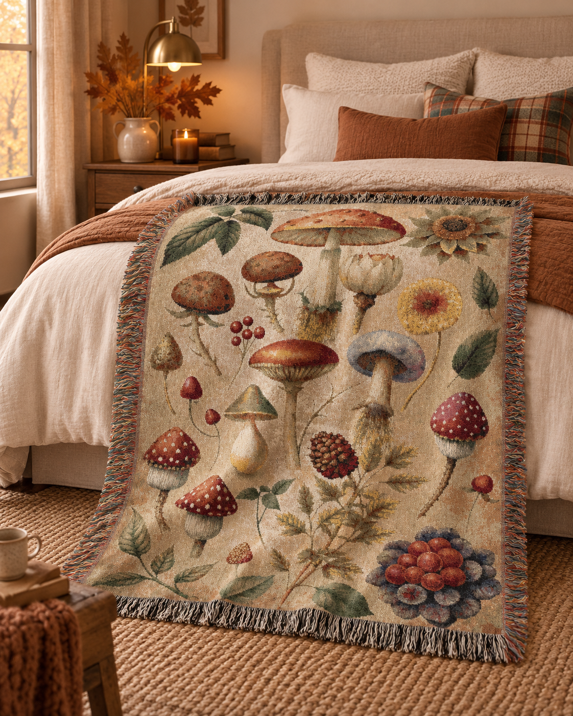 Wild Mushroom woven blanket folded with autumn foliage nearby