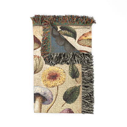 Wild Mushroom woven blanket on a bench in a woodland-inspired setting