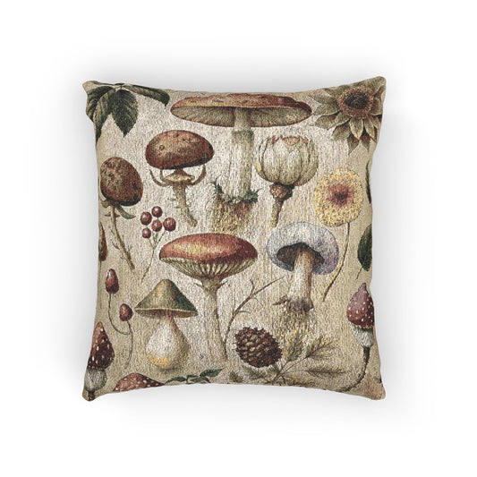 Wild Mushroom woven throw pillow with a botanical mycology print, front view