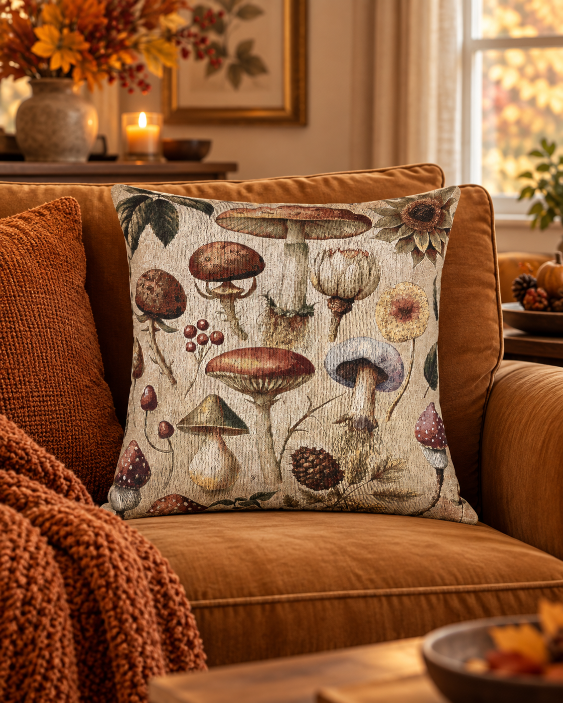 Wild Mushroom woven pillow styled on a sofa