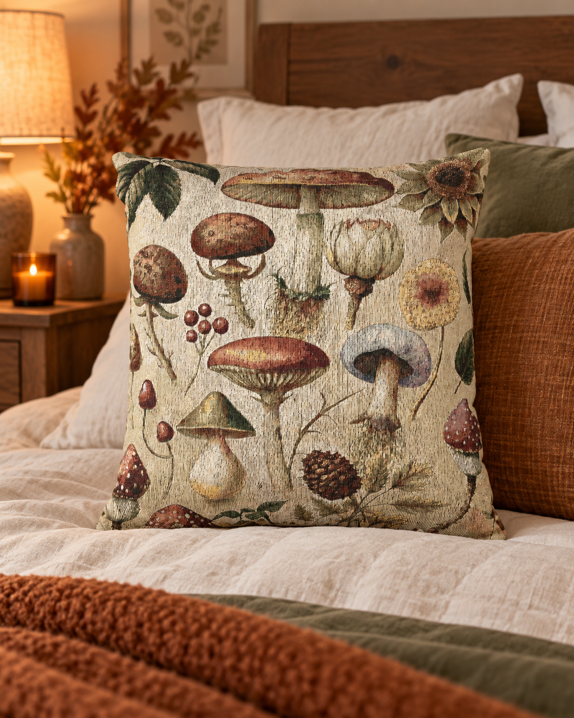 Wild Mushroom woven pillow on a cream armchair