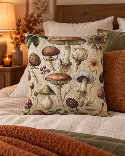 Wild Mushroom woven pillow on a cream armchair