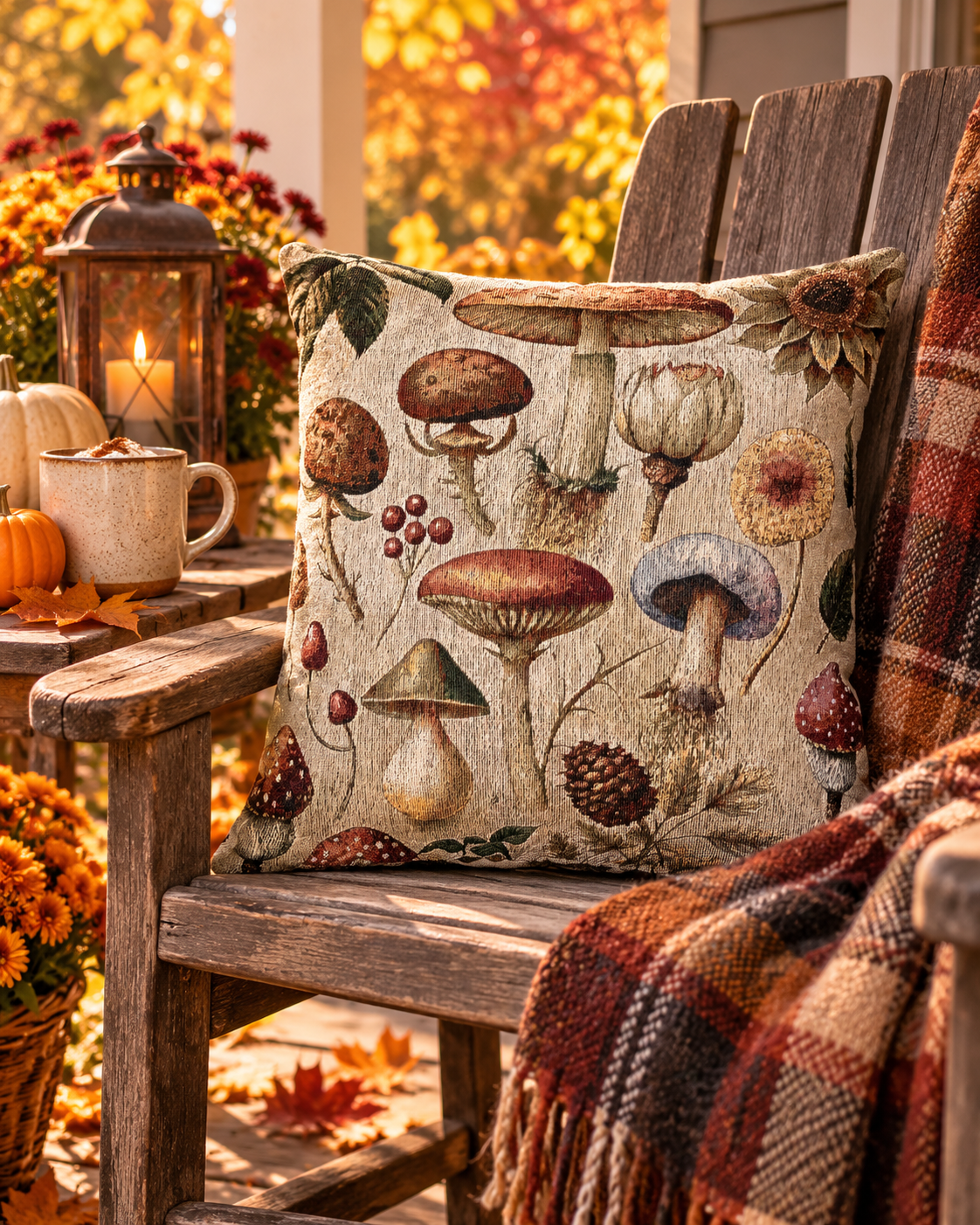 Wild Mushroom woven pillow styled with autumn decor