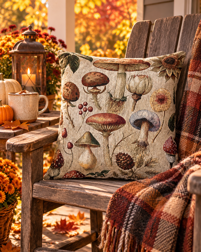 Wild Mushroom woven pillow styled with autumn decor