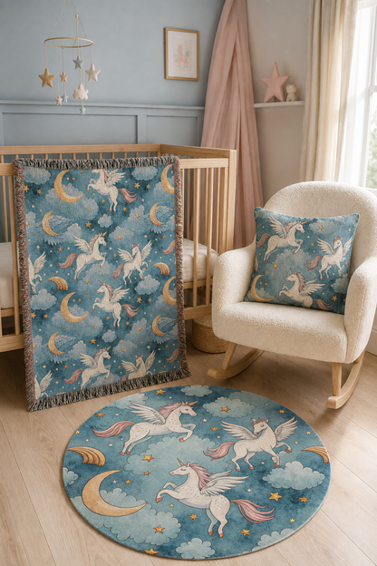 Winged unicorn round rug in front of an armchair with the matching night sky blanket and pillow