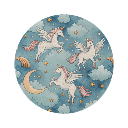 Round nursery rug with cream winged unicorns, crescent moons, clouds and gold stars on a teal blue ground, shown flat