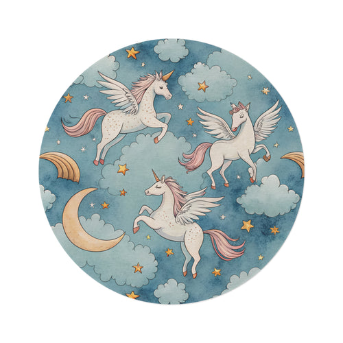 Round nursery rug with cream winged unicorns, crescent moons, clouds and gold stars on a teal blue ground, shown flat
