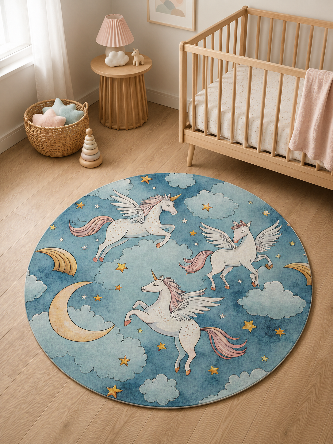 Winged unicorn round rug on a wooden floor in a nursery with a crib and rattan lamp