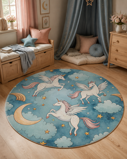 Winged unicorn round rug on a wooden floor in a bedroom with a cushioned window seat and a wooden dresser