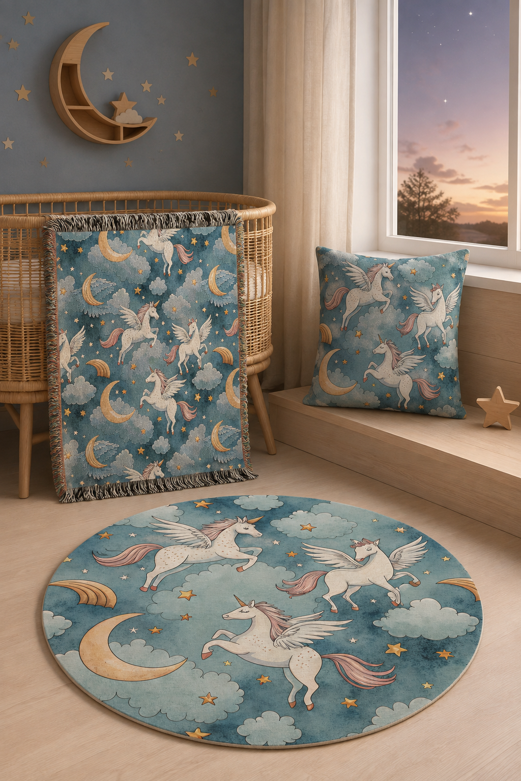 Winged unicorn night sky set at a window in evening light, with the round rug and the matching pillow on the window seat