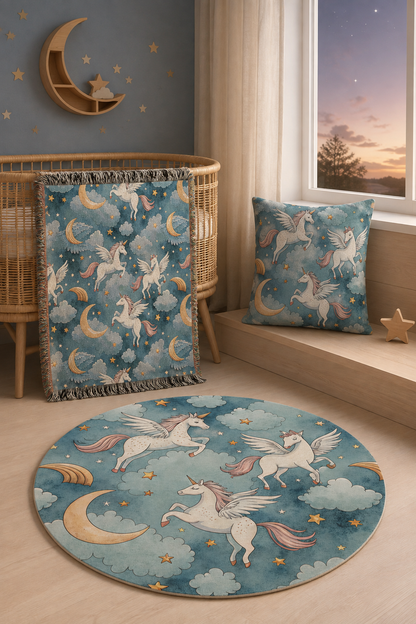 Winged unicorn night sky set at a window in evening light, with the woven blanket, matching pillow and round rug