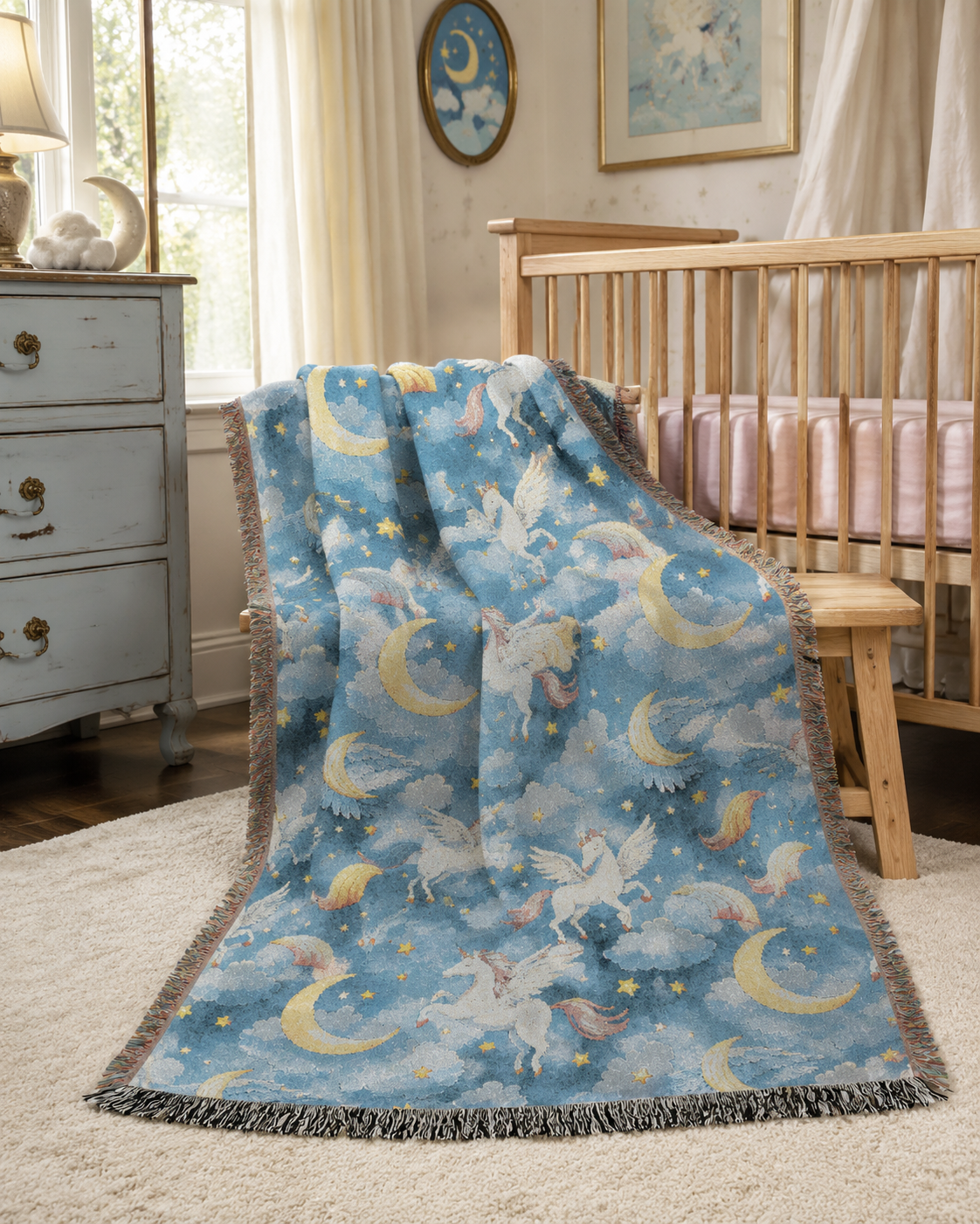 Winged unicorn woven blanket draped over a cream armchair in a nursery with a wooden crib and a blue canopy