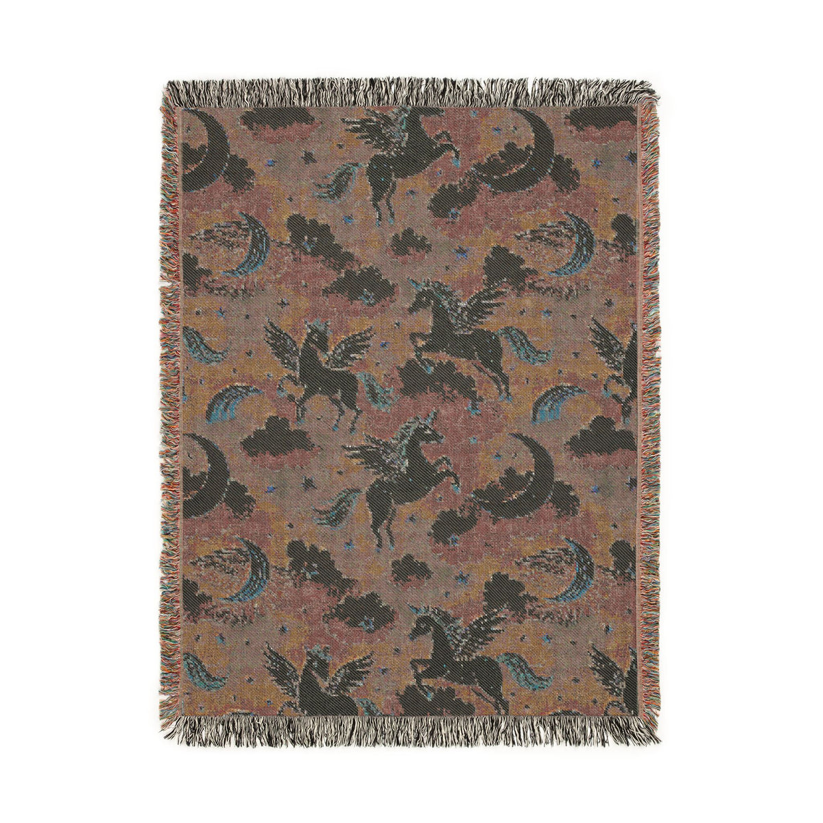 Reverse side of the winged unicorn woven blanket in muted rose brown