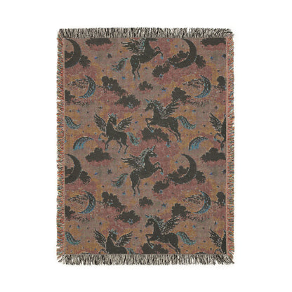 Reverse side of the winged unicorn woven blanket in muted rose brown