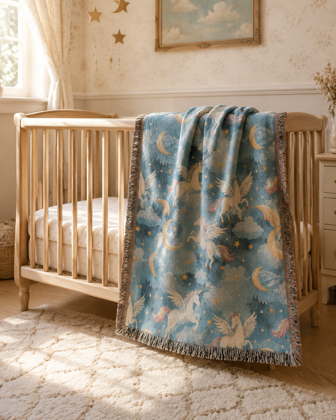 Winged unicorn woven blanket draped over the rail of a wooden crib in a bright nursery