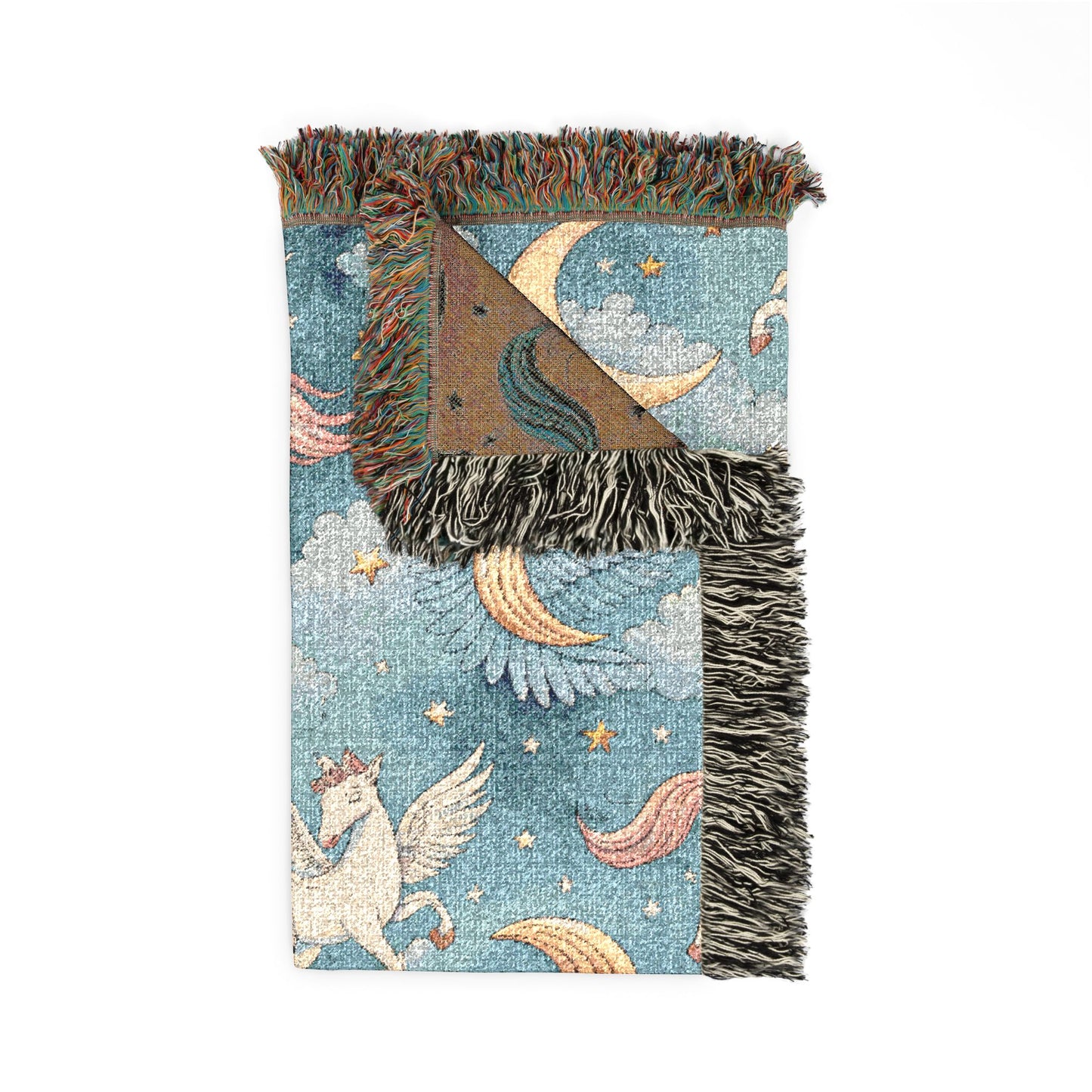 Folded winged unicorn woven blanket showing the fringed edge and the reverse side