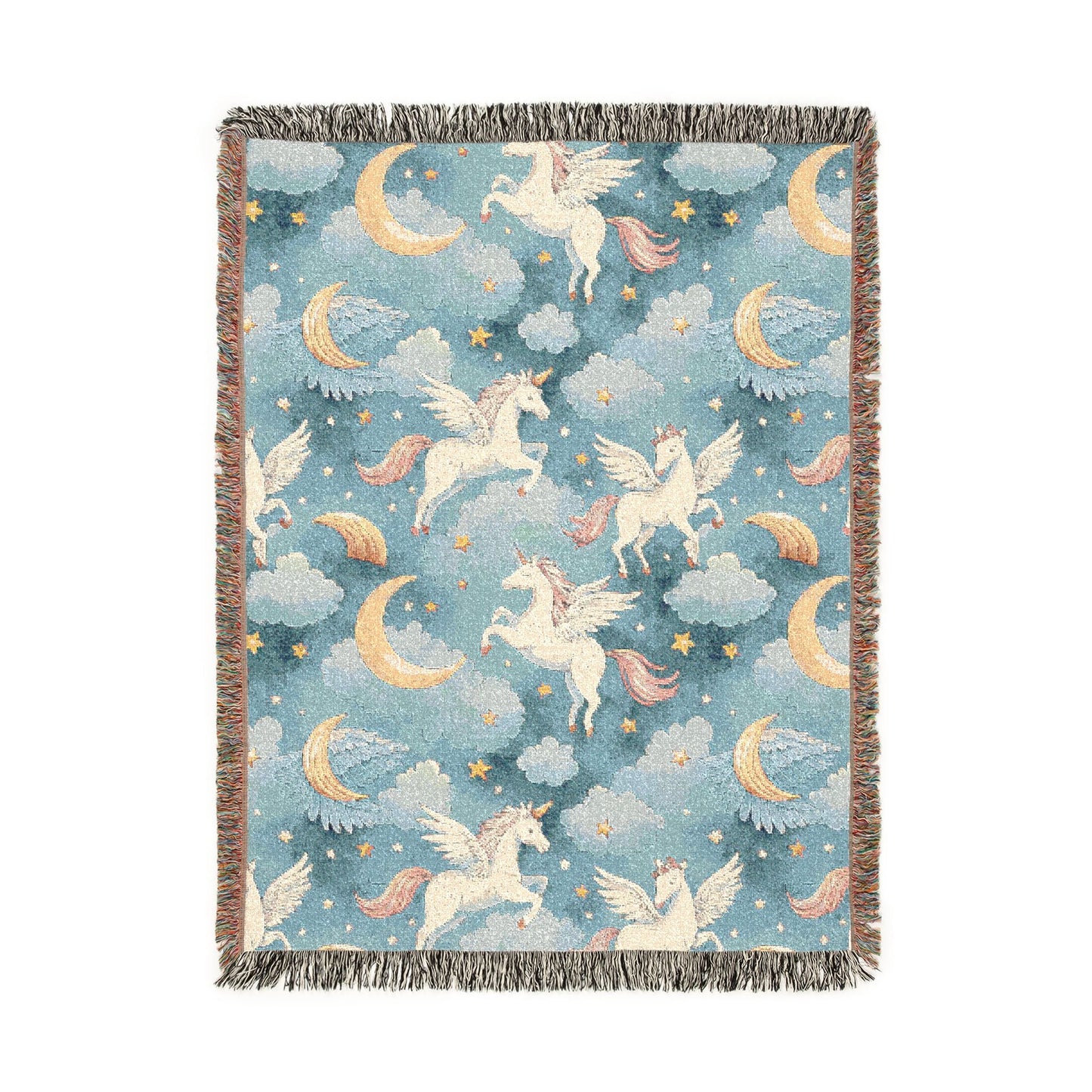 Woven blanket with cream winged unicorns, crescent moons, clouds and stars on a teal blue ground, shown flat