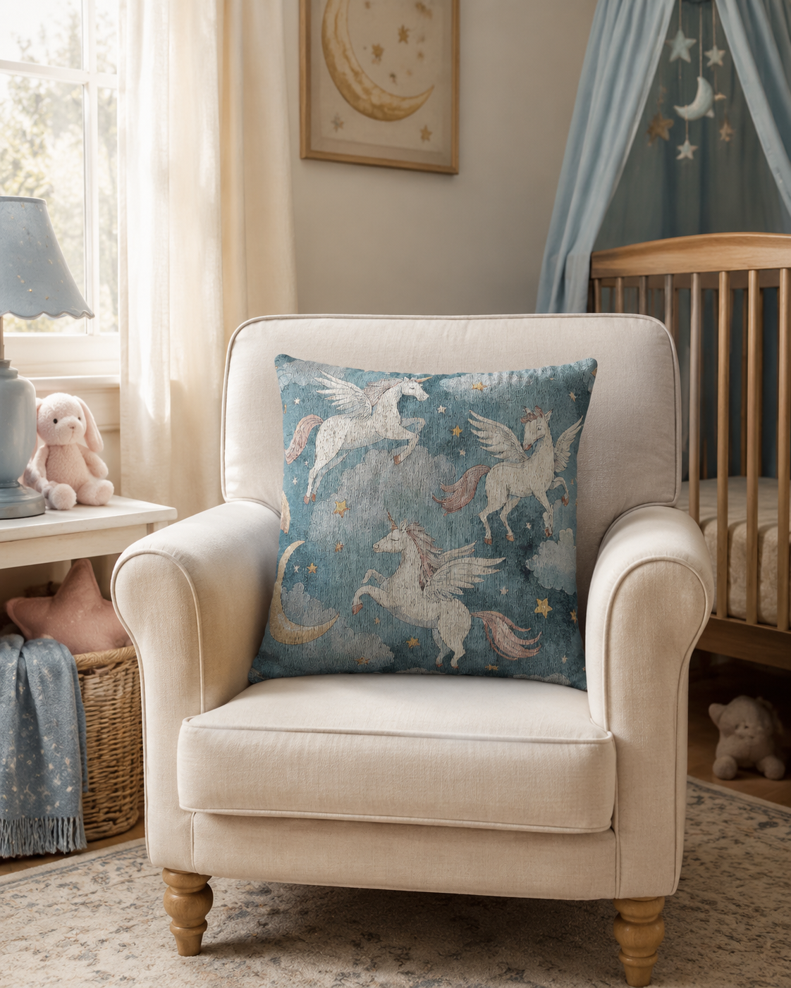 Winged unicorn pillow on a cream armchair in a nursery with a blue canopy and crib