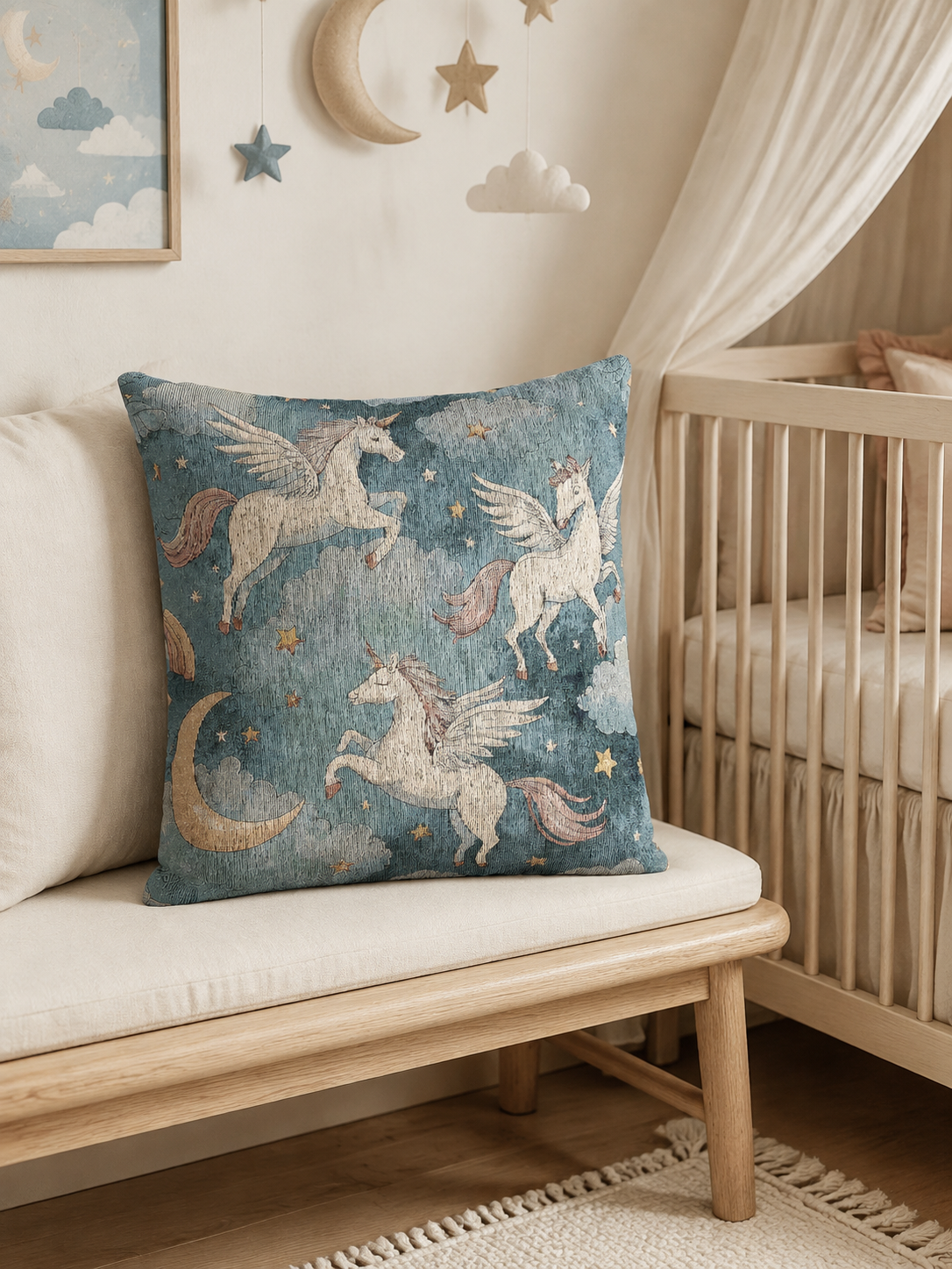 Winged unicorn pillow on a wooden bench beneath moon and star wall decor