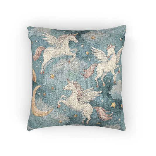 Woven pillow with cream winged unicorns, crescent moons and stars on a teal blue ground, front view