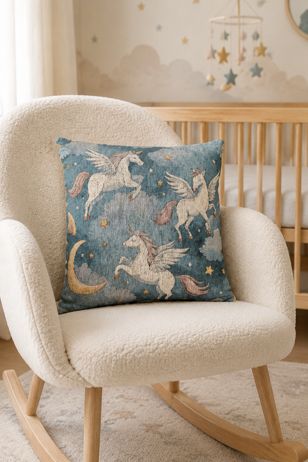 Winged unicorn pillow on a rocking chair beside a crib