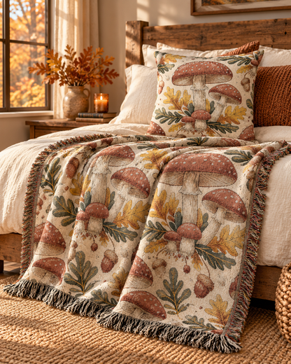 Woodland mushroom woven blanket styled on a bed with a matching pillow
