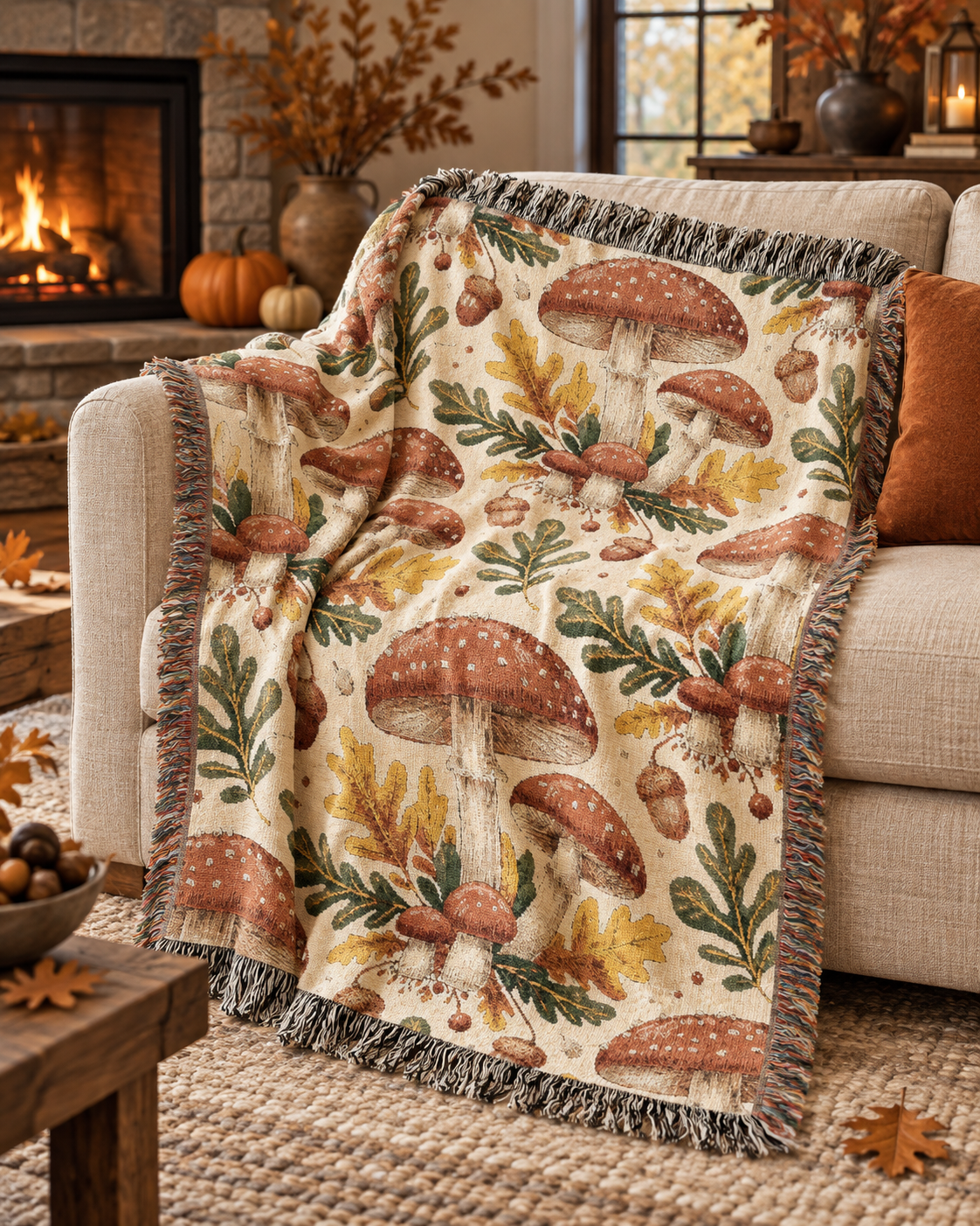 Woodland mushroom woven blanket draped over an armchair in a cozy, warmly lit living room