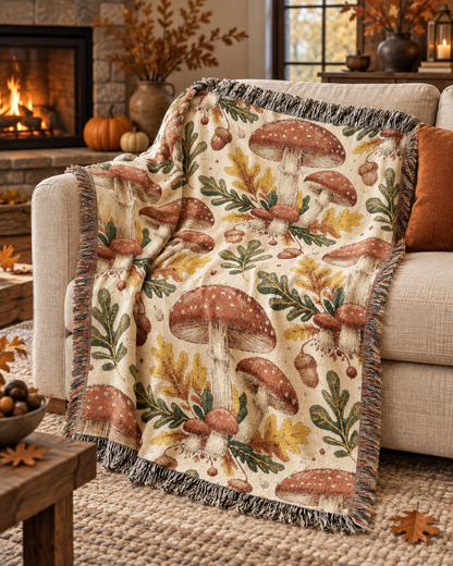 Woodland mushroom woven blanket draped over an armchair in a cozy, warmly lit living room