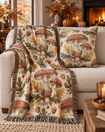 Woodland mushroom woven blanket draped over an armchair, styled for autumn decor