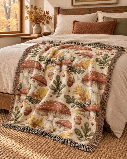 Woodland mushroom woven blanket styled on a bed in a cozy bedroom