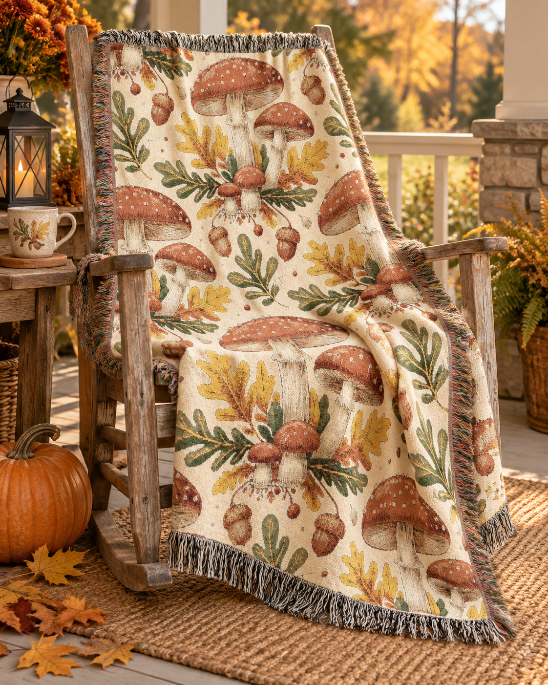 Woodland mushroom woven blanket draped over a couch in a cozy autumn setting