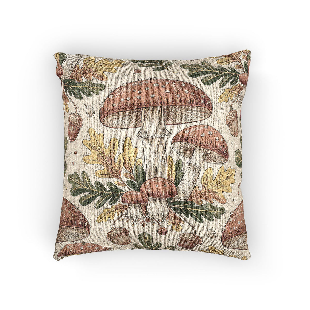 Woodland mushroom woven pillow featuring red-capped toadstools, golden oak leaves and acorns on a cream ground