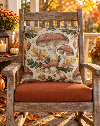 Woodland mushroom woven pillow styled on a wooden accent chair in warm autumn light